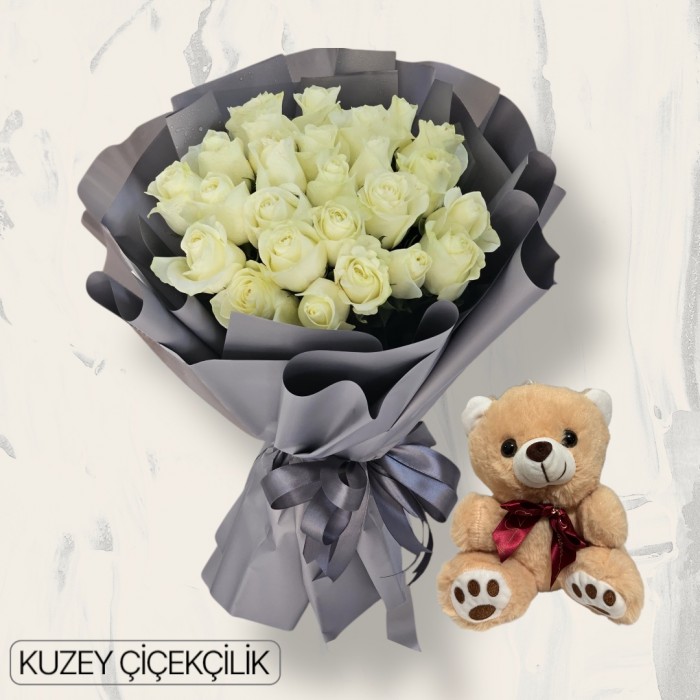 25 Beyaz Gül Buketi Ayıcık