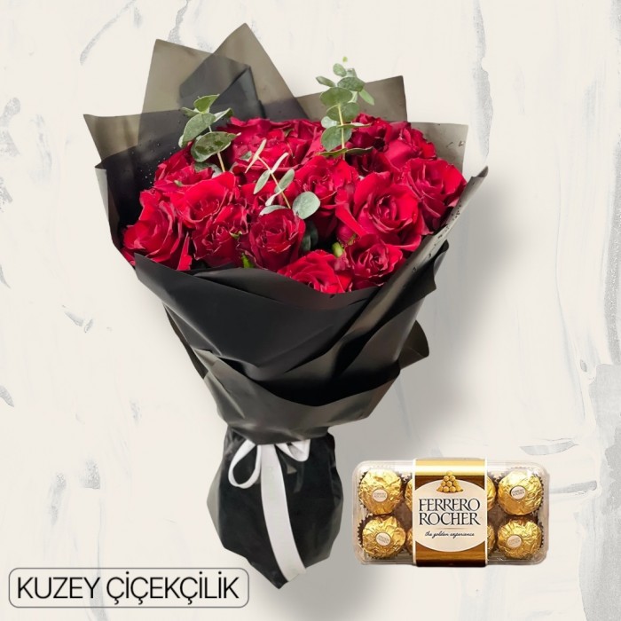 25 Kırmızı Gül Buketi 16lı Ferrero Çikolata
