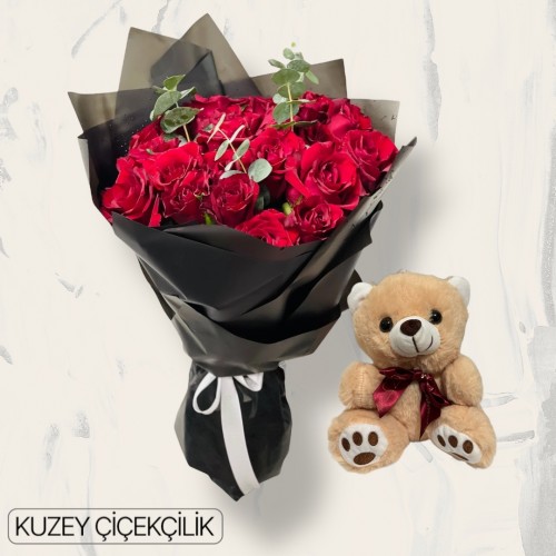 25 Kırmızı Gül Buketi Ayıcık