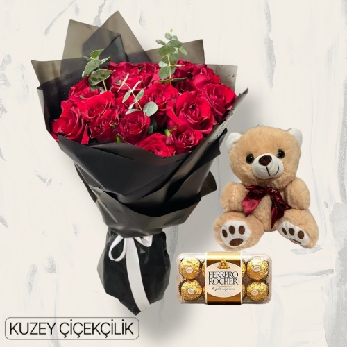 25 Kırmızı Gül Buketi 16'lı Ferrero Çikolata ve Ayıcık