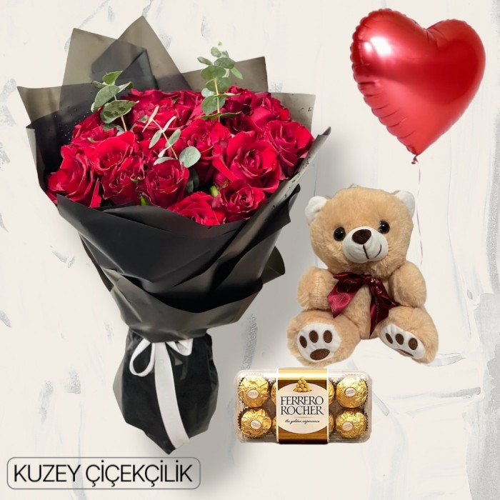 25 Kırmızı Gül Buketi 16lı Ferrero Çikolata Ayıcık Kalp Helyum Balon