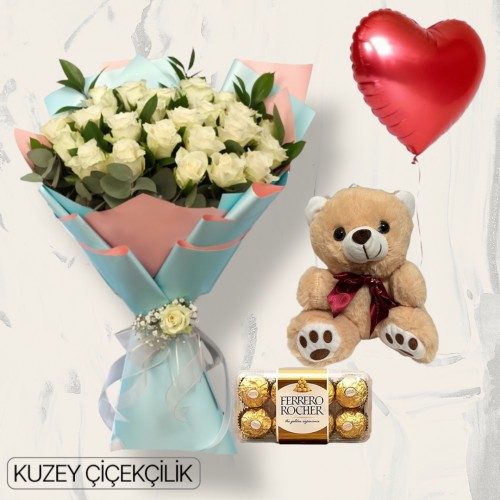 27 Beyaz Gül Buketi Ayıcık 16'lı Ferrero Çikolata Kalp Helyum Balon