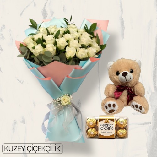 27 Beyaz Gül Buketi Ayıcık 16'lı Ferrero Çikolata