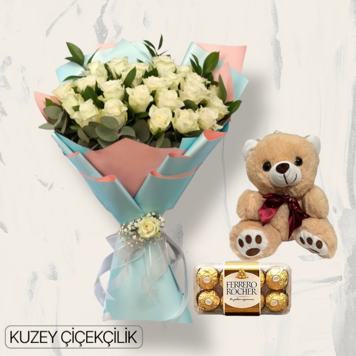 27 Beyaz Gül Buketi Ayıcık 16lı Ferrero Çikolata