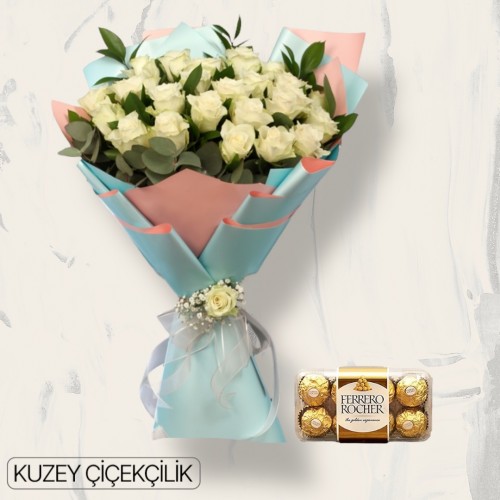 27 Beyaz Gül Buketi 16'lı Ferrero Çikolata