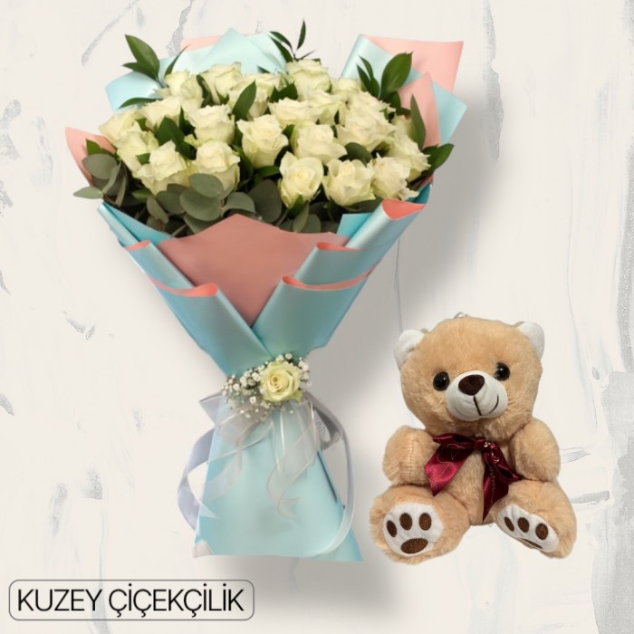 27 Beyaz Gül Buketi Ayıcık