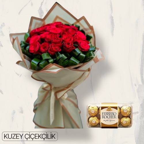 27 Kırmızı Gül Buketi 16'lı Ferrero Çikolata
