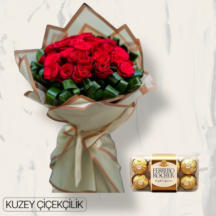 27 Kırmızı Gül Buketi 16lı Ferrero Çikolata