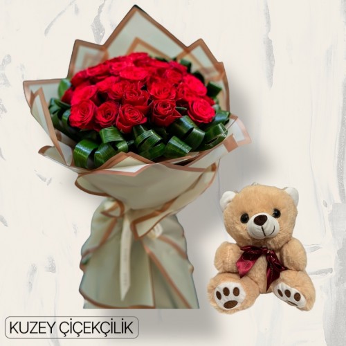 27 Kırmızı Gül Buketi Ayıcık