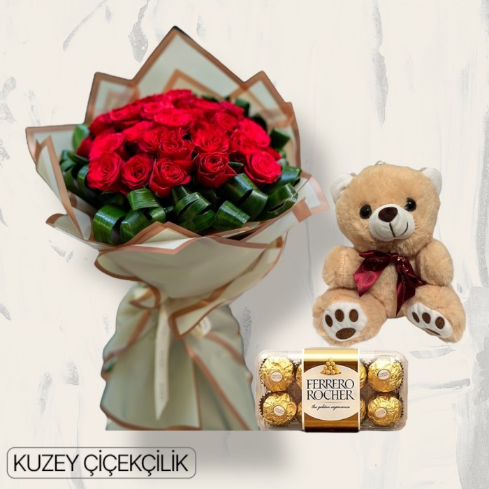 27 Kırmızı Gül Buketi 16lı Ferrero Çikolata ve Ayıcık