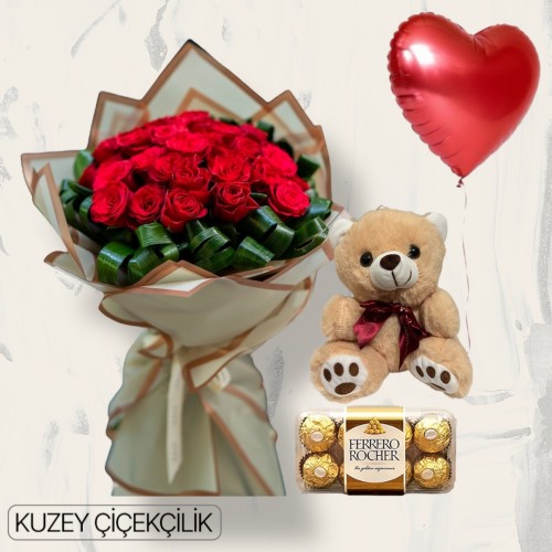 27 Kırmızı Gül Buketi 16'lı Ferrero Çikolata Ayıcık Kalp Helyum Balon