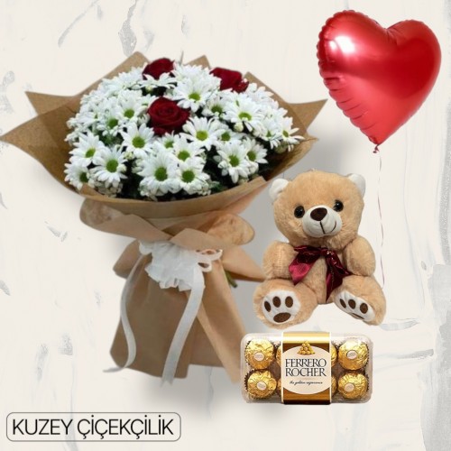 3 Güllü Papatya Buketi Ayıcık 16'lı Ferrero Çikolata Kalp Helyum Balon