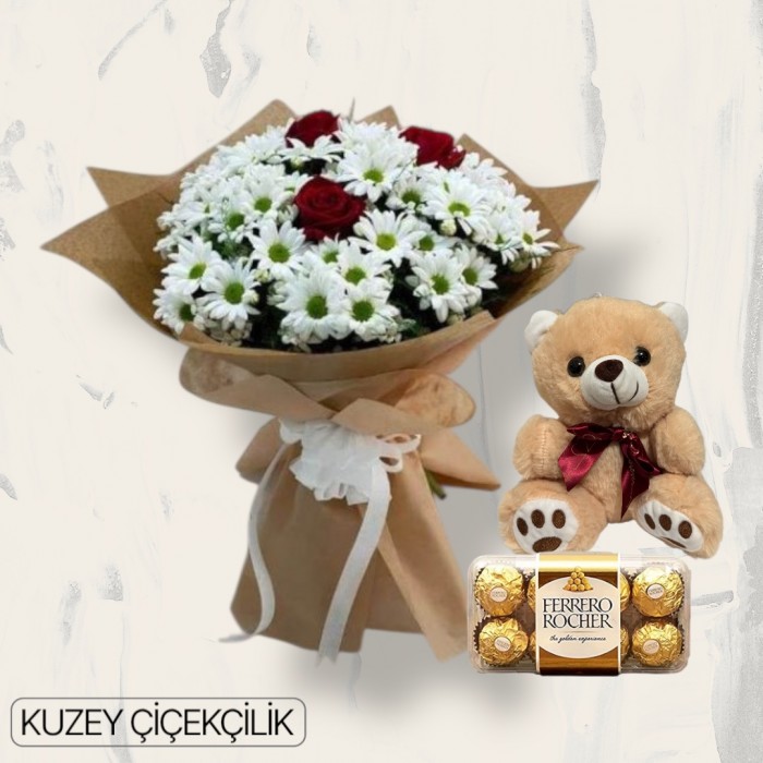 3 Güllü Papatya Buketi Ayıcık 16lı Ferrero Çikolata