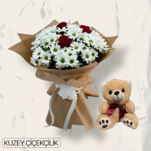 3 Güllü Papatya Buketi Ayıcık 