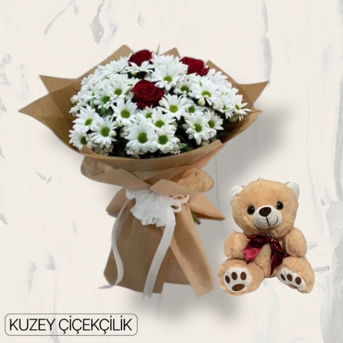 3 Güllü Papatya Buketi Ayıcık