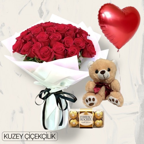 30 Kırmızı Gül Buketi 16'lı Ferrero Çikolata Ayıcık Kalp Helyum Balon
