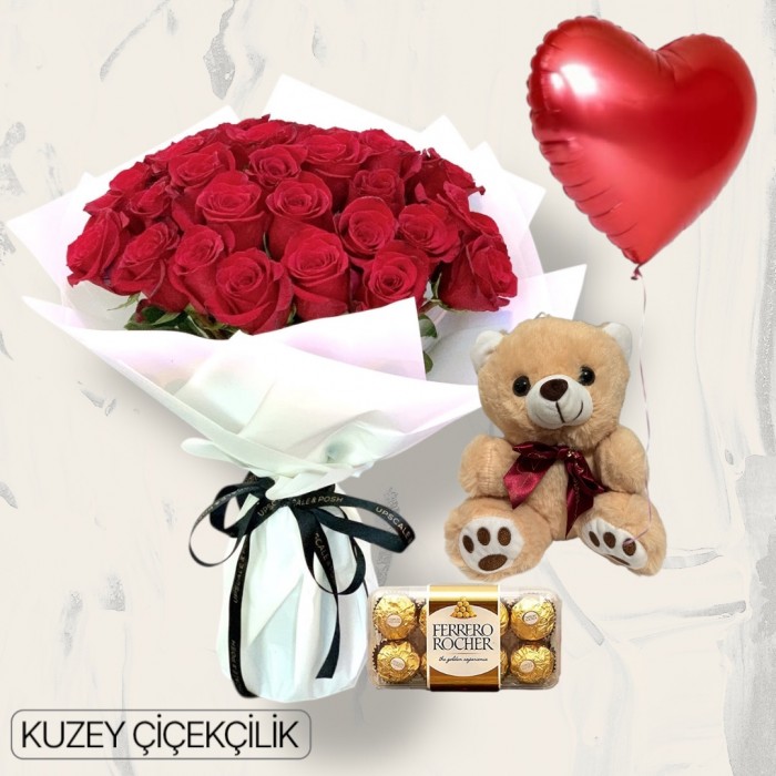 30 Kırmızı Gül Buketi 16lı Ferrero Çikolata Ayıcık Kalp Helyum Balon