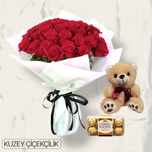 30 Kırmızı Gül Buketi 16'lı Ferrero Çikolata ve Ayıcık