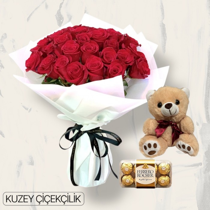 30 Kırmızı Gül Buketi 16lı Ferrero Çikolata ve Ayıcık