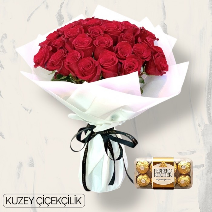 30 Kırmızı Gül Buketi 16lı Ferrero Çikolata