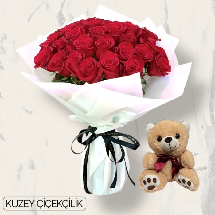 30 Kırmızı Gül Buketi Ayıcık