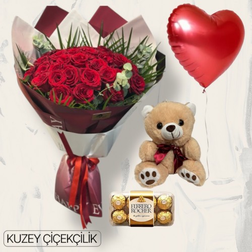 33 Kırmızı Gül Buketi 16'lı Ferrero Çikolata Ayıcık Kalp Helyum Balon