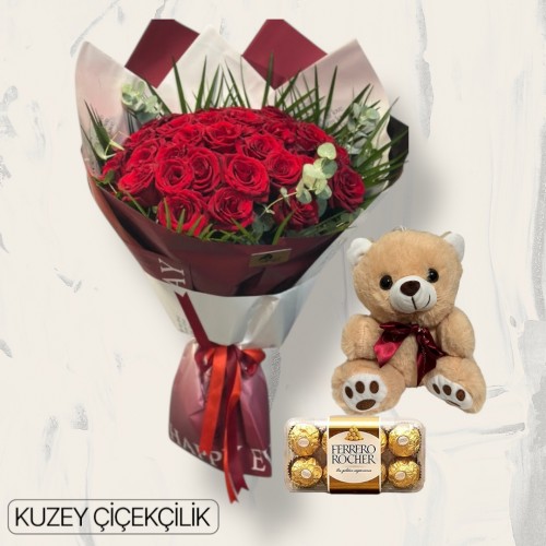 33 Kırmızı Gül Buketi 16'lı Ferrero Çikolata ve Ayıcık