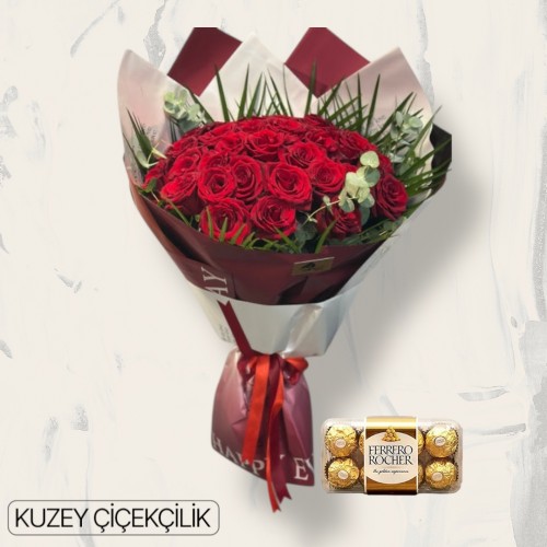 33 Kırmızı Gül Buketi 16'lı Ferrero Çikolata