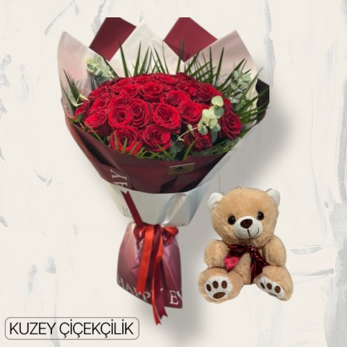 33 Kırmızı Gül Buketi Ayıcık