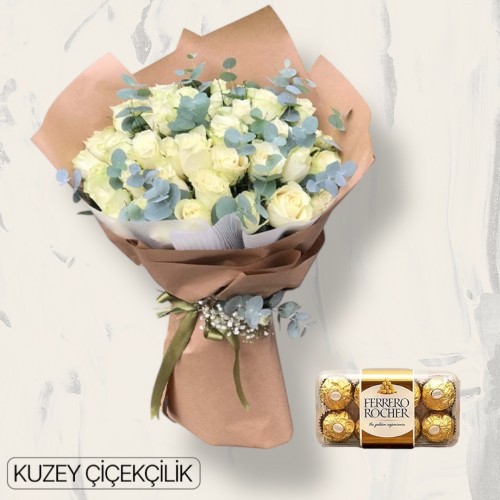 35 Beyaz Gül Buketi 16'lı Ferrero Çikolata