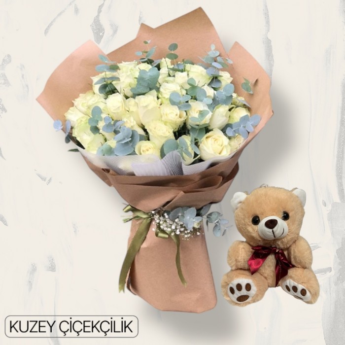 35 Beyaz Gül Buketi Ayıcık