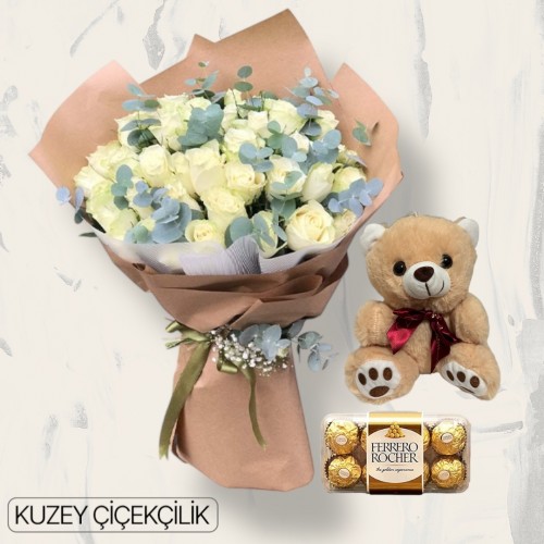 35 Beyaz Gül Buketi Ayıcık 16'lı Ferrero Çikolata
