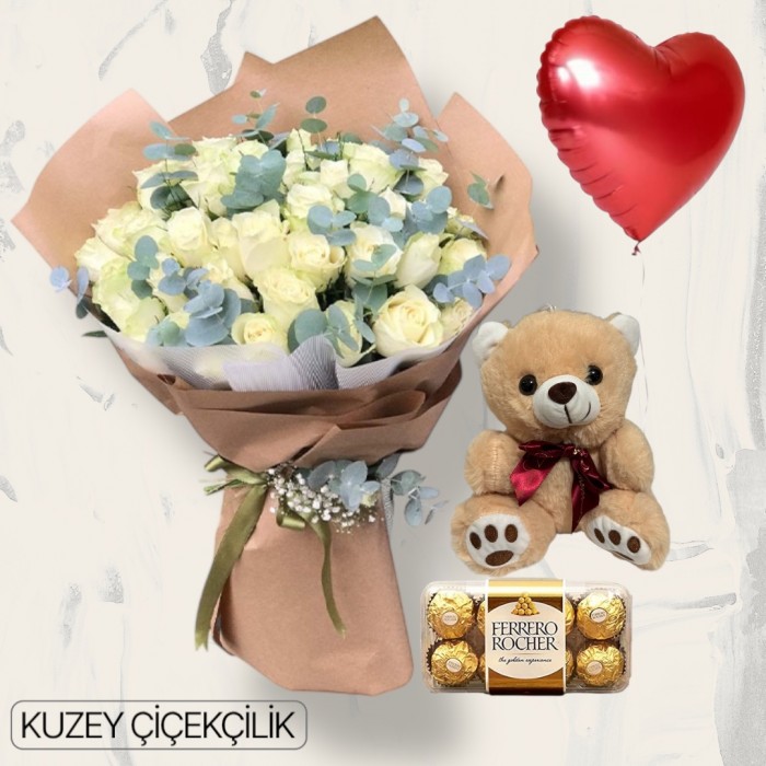 35 Beyaz Gül Buketi Ayıcık 16lı Ferrero Çikolata Kalp Helyum Balon