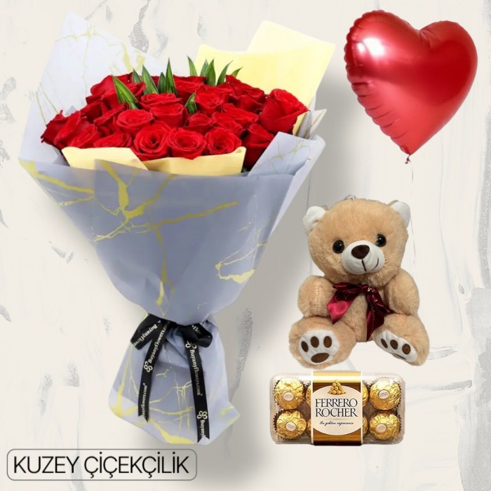 36 Kırmızı Gül Buketi 16lı Ferrero Çikolata Ayıcık Kalp Helyum Balon