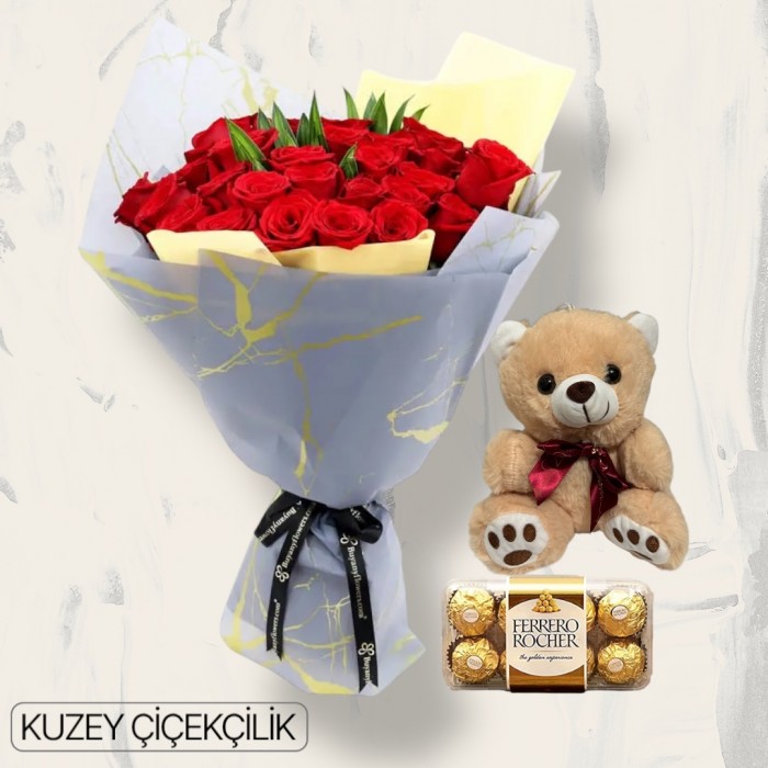 36 Kırmızı Gül Buketi 16lı Ferrero Çikolata ve Ayıcık