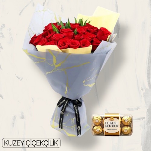 36 Kırmızı Gül Buketi 16'lı Ferrero Çikolata