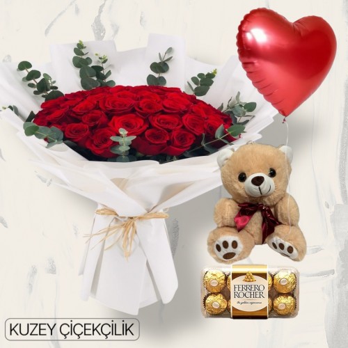 45 Kırmızı Gül Buketi 16'lı Ferrero Çikolata Ayıcık Kalp Helyum Balon