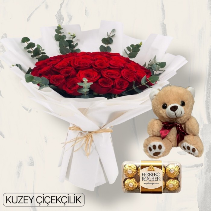 45 Kırmızı Gül Buketi 16lı Ferrero Çikolata ve Ayıcık