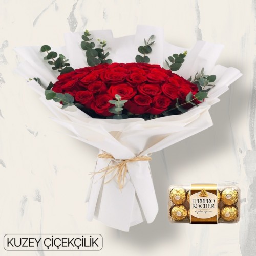 45 Kırmızı Gül Buketi 16'lı Ferrero Çikolata