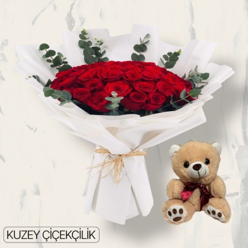 45 Kırmızı Gül Buketi Ayıcık