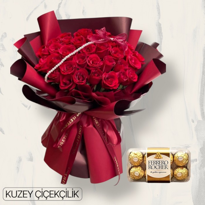 51 Kırmızı Gül Buketi 16lı Ferrero Çikolata