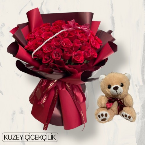 51 Kırmızı Gül Buketi Ayıcık