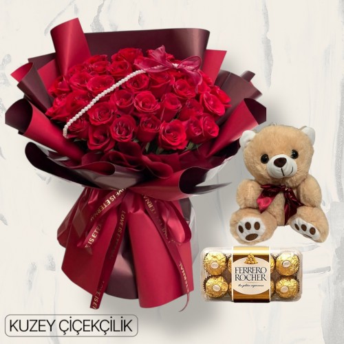 51 Kırmızı Gül Buketi 16'lı Ferrero Çikolata ve Ayıcık