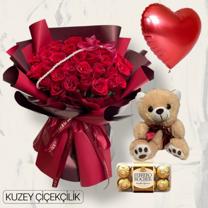 51 Kırmızı Gül Buketi 16lı Ferrero Çikolata Ayıcık Kalp Helyum Balon