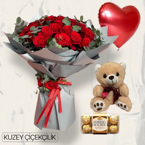 42 Kırmızı Gül Buketi 16'lı Ferrero Çikolata Ayıcık Kalp Helyum Balon