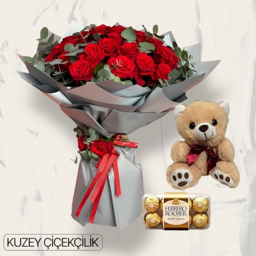 42 Kırmızı Gül Buketi 16'lı Ferrero Çikolata ve Ayıcık