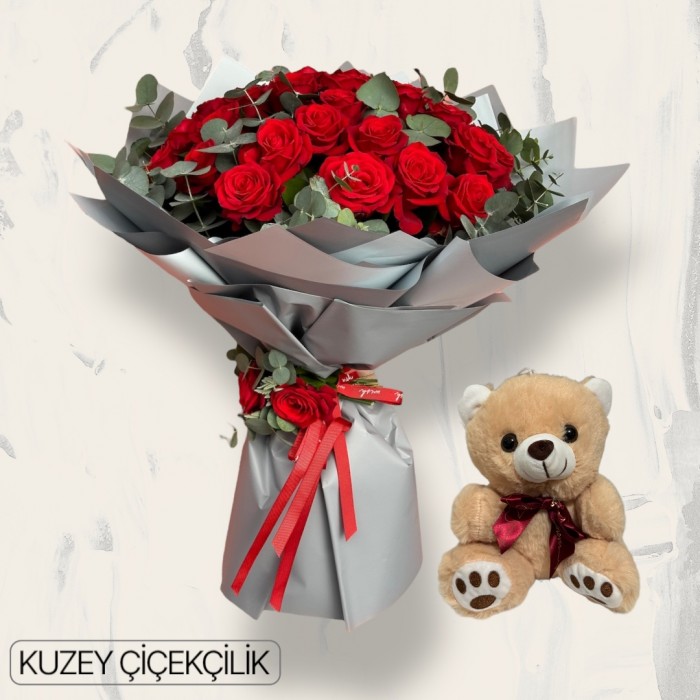 42 Kırmızı Gül Buketi Ayıcık