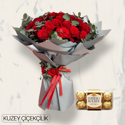 42 Kırmızı Gül Buketi 16'lı Ferrero Çikolata