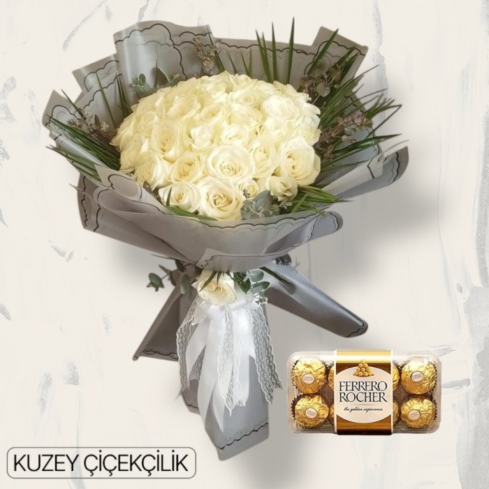 45 Beyaz Gül Buketi 16lı Ferrero Çikolata