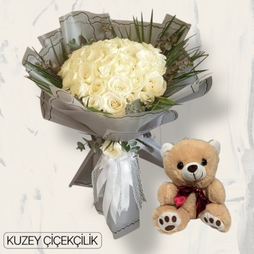 45 Beyaz Gül Buketi Ayıcık